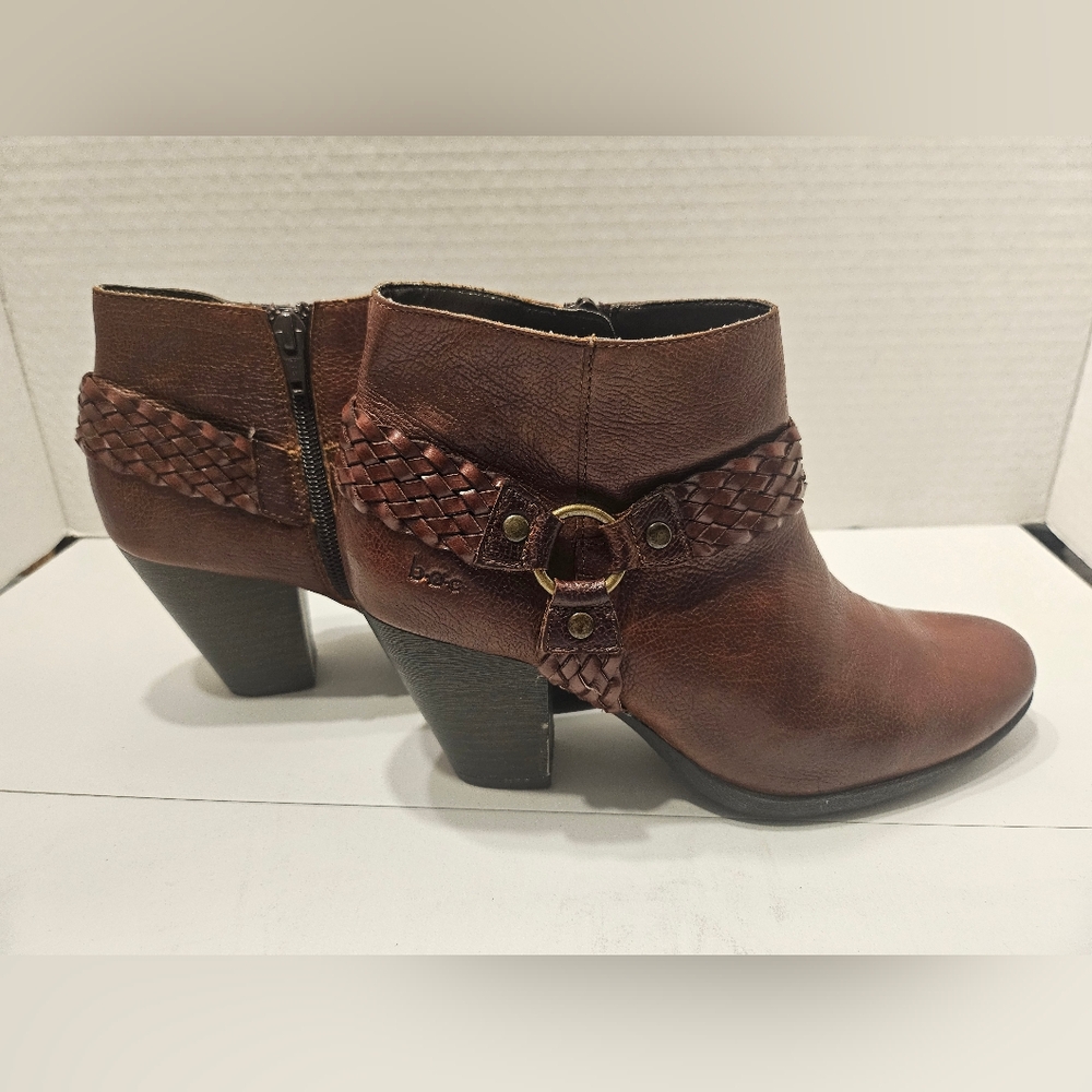 BOC Womens Ankle Booties C45506 Braided Harness Brown Leather Side Zip Sz 8